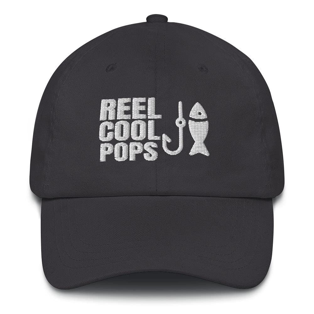 CreativeTees4You Reel Cool Pops Fishing Fisherman Gift Embroidered Dad Hat Adjustable Cotton Cap Dark Grey
