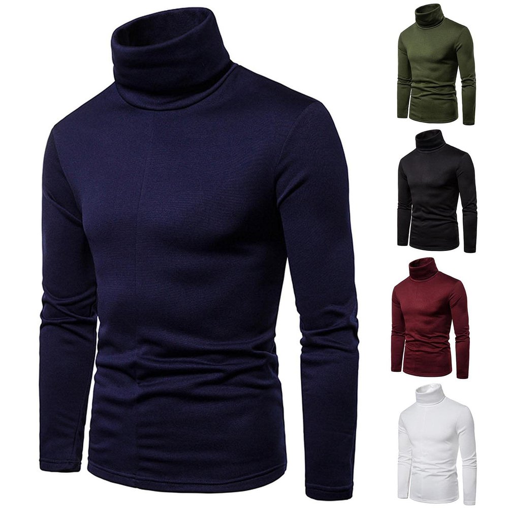 Mens Slim Fit Lightweight Fall Long Sleeve Pullover Top Basic Turtleneck T Shirt Blouse Solid Casual Knitted Tshirt White