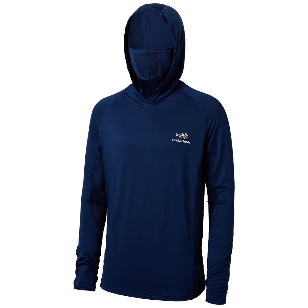 BASSDASH UPF 50+ Mens Long Sleeve Fishing Shirt with Mask UV Neck Gaiter Hoodie Dark Blue