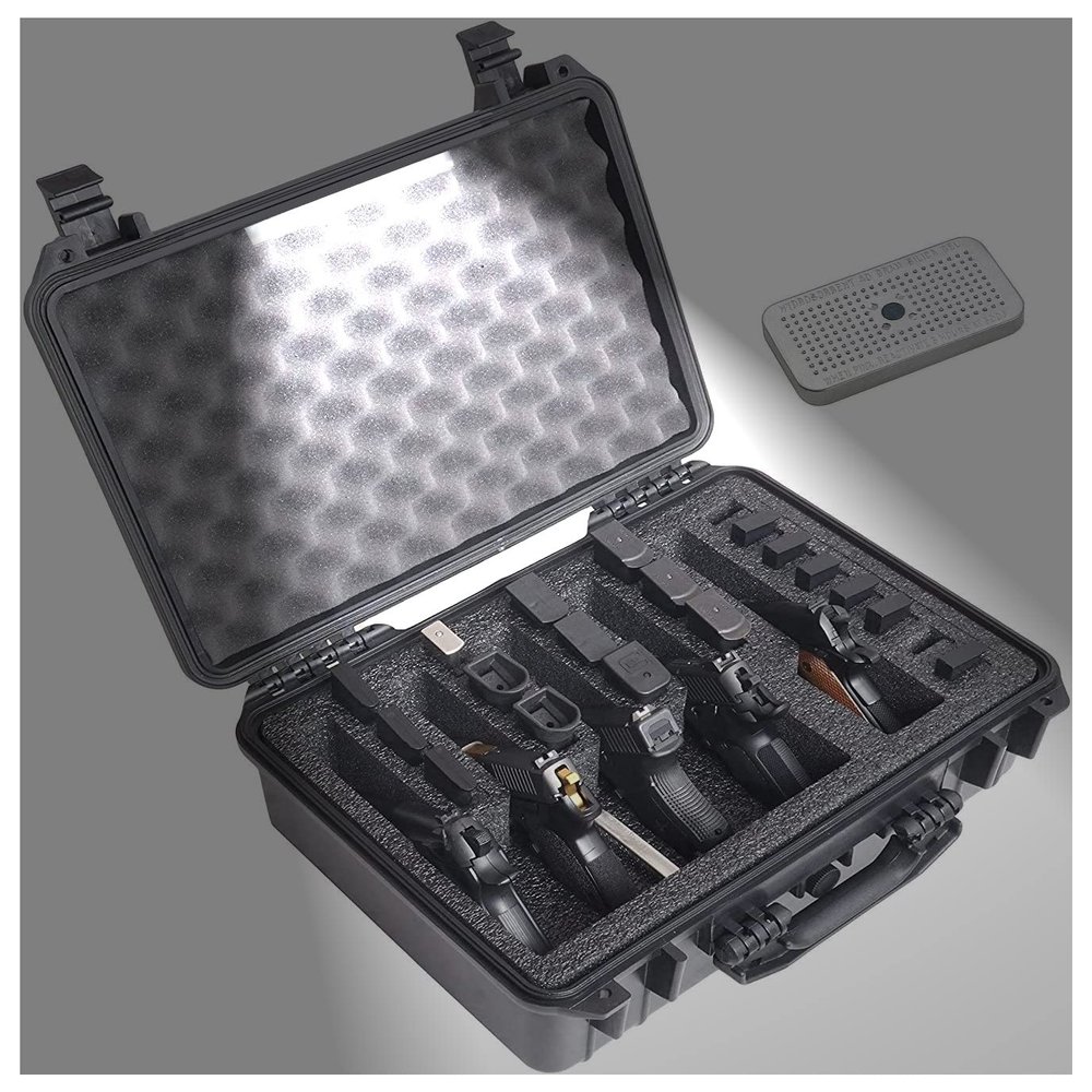 Case Club 5 Pistol and 25 Magazine with Emergency Light - Pre-Cut Heavy Duty Waterproof Case comes with Included Silica Gel Canister to Help Prevent Gun Rust (Lighted)