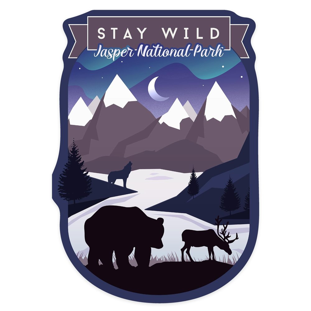 Die Cut Sticker Jasper National Park, Canada, Northern Lights, Night Scene, Stay Wild, Bear and Mountain Silhouette Vinyl Sticker, (Waterproof Decal for Cars, Water Bottles, Laptops, Coolers), Large
