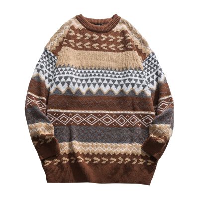 Mens Grassland Cow Vintage Oversize Knitted Sweater Long Sleeve Round Neck Knitted Pullover Jumper Unisex Fall Tops Coffee