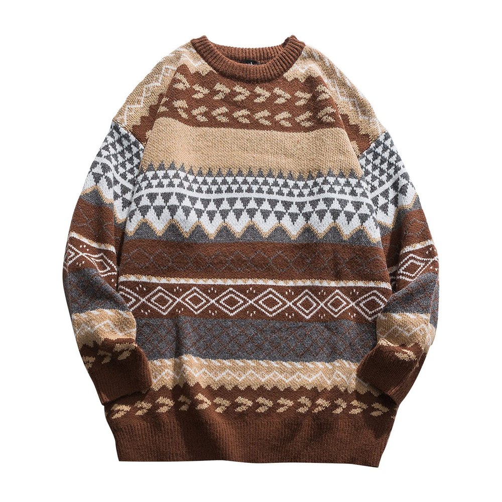 Mens Grassland Cow Vintage Oversize Knitted Sweater Long Sleeve Round Neck Knitted Pullover Jumper Unisex Fall Tops Coffee