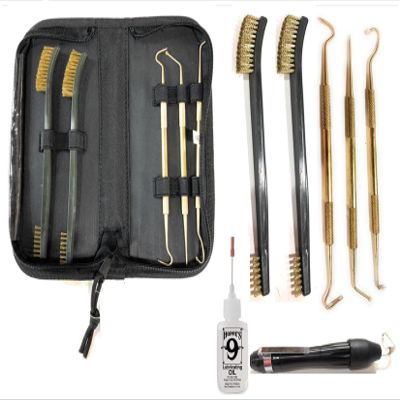 Tac Pak 9 Pc Brass Pick & Brush Set Picks (Dental Style) Hook, Slant & Straight, & 7 in. Double Ended Brushes Precision Gun Oiler, Bore Light Maintenance Tools for Your Gun Cleaning Kit