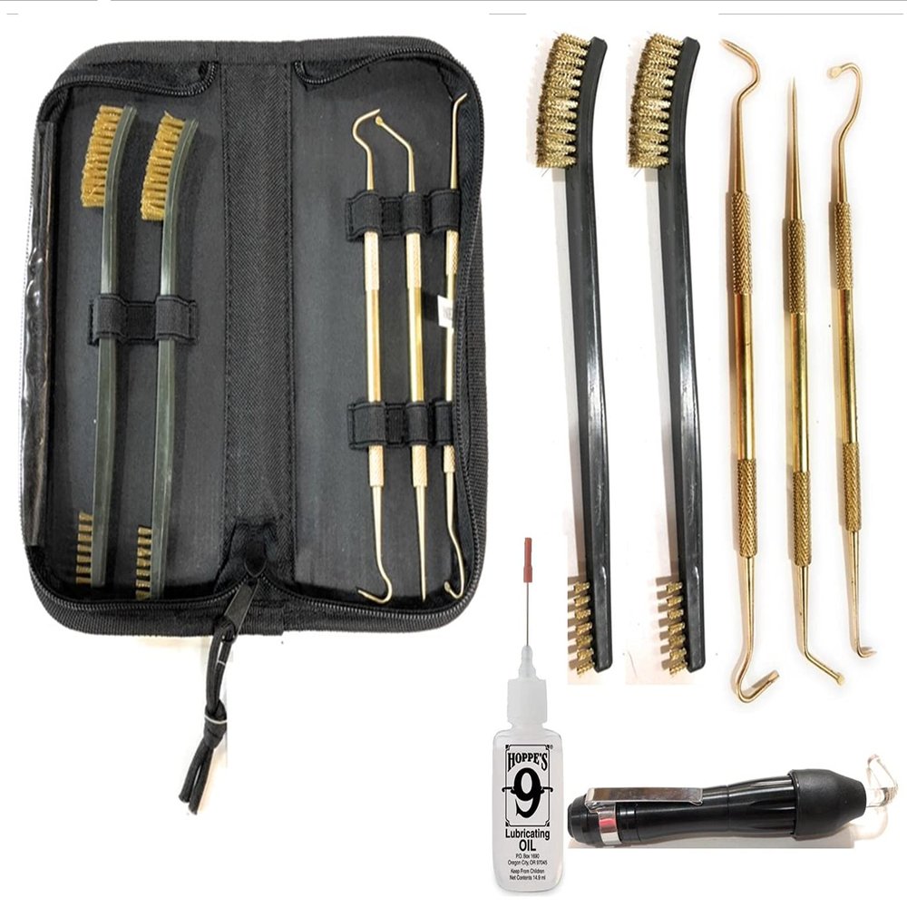 Tac Pak 9 Pc Brass Pick & Brush Set Picks (Dental Style) Hook, Slant & Straight, & 7 in. Double Ended Brushes Precision Gun Oiler, Bore Light Maintenance Tools for Your Gun Cleaning Kit