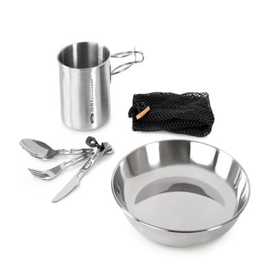 GSI Outdoors Glacier Stainless 1 Person Set | 20 oz Bottle Cup | 8.5 in Plate | 3 pc Cutlery