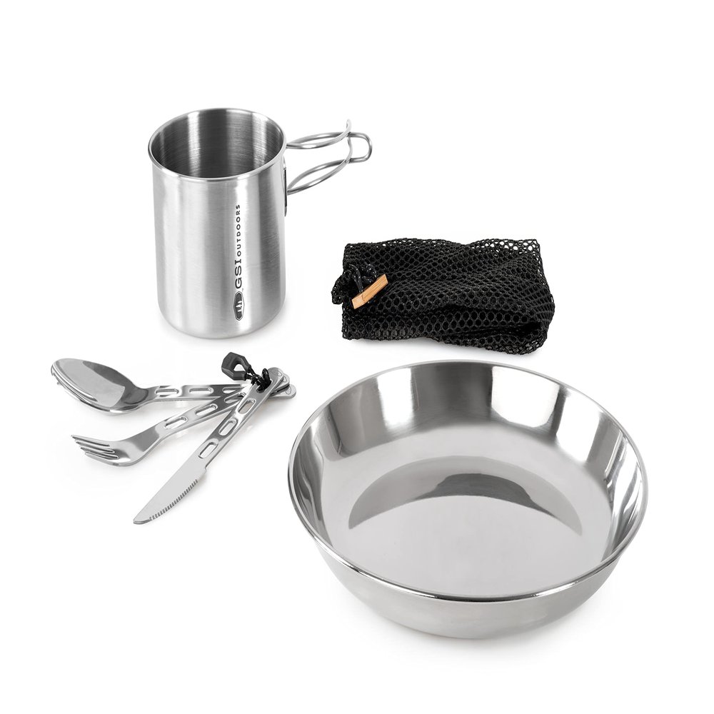 GSI Outdoors Glacier Stainless 1 Person Set | 20 oz Bottle Cup | 8.5 in Plate | 3 pc Cutlery