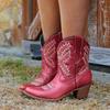 Bcshiye Women Vintage Embroidered Cowgrirl Boots Retro Short Western Ankle Boots Pointed Toe Chunky Mid Cowboy Boots view 2