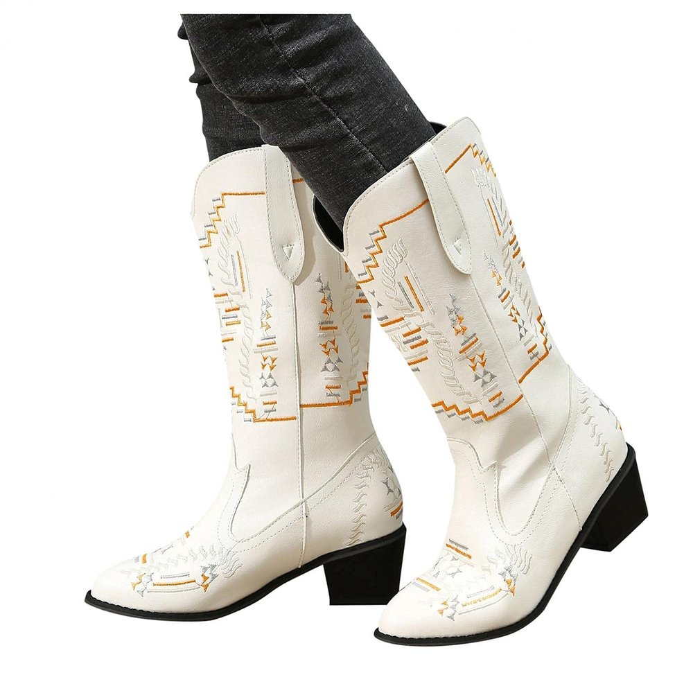 Bcshiye Women's Western Cowboy Boots Wide Calf Round Toe Low Chunky Heel Embroidered Mid Calf Boots Wedding Party Boots