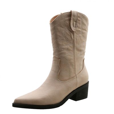 Bcshiye Womens Cowboy Western Boots Winter Pointed Toe Chunky Mid Heel Embroidered Cowgirl Boots Slip-on Mid Calf Boots