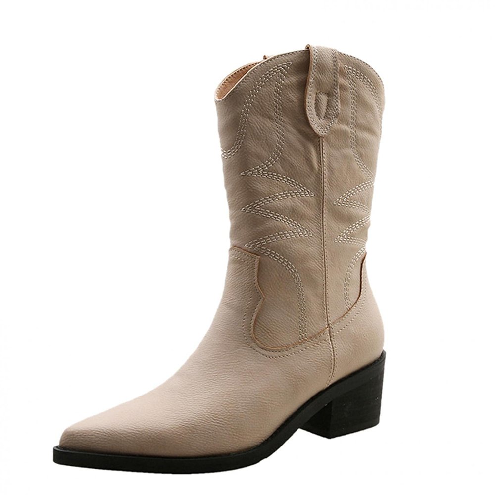 Bcshiye Womens Cowboy Western Boots Winter Pointed Toe Chunky Mid Heel Embroidered Cowgirl Boots Slip-on Mid Calf Boots