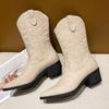 Bcshiye Womens Cowboy Western Boots Winter Pointed Toe Chunky Mid Heel Embroidered Cowgirl Boots Slip-on Mid Calf Boots view 2