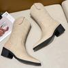 Bcshiye Womens Cowboy Western Boots Winter Pointed Toe Chunky Mid Heel Embroidered Cowgirl Boots Slip-on Mid Calf Boots view 3
