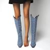 Bcshiye Women Knee High Boots Ladies Chunky Cowgirl Boots Pointed Toe Denim High Heel Anti-Slip Western Dress Shoes view 3