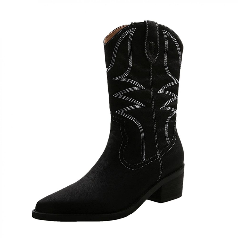 Bcshiye Womens Cowboy Western Boots Winter Pointed Toe Chunky Mid Heel Embroidered Cowgirl Boots Slip-on Mid Calf Boots