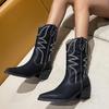 Bcshiye Womens Cowboy Western Boots Winter Pointed Toe Chunky Mid Heel Embroidered Cowgirl Boots Slip-on Mid Calf Boots view 2