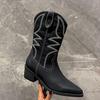 Bcshiye Womens Cowboy Western Boots Winter Pointed Toe Chunky Mid Heel Embroidered Cowgirl Boots Slip-on Mid Calf Boots view 4