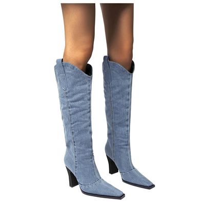 Bcshiye Women Knee High Boots Ladies Chunky Cowgirl Boots Pointed Toe Denim High Heel Anti-Slip Western Dress Shoes