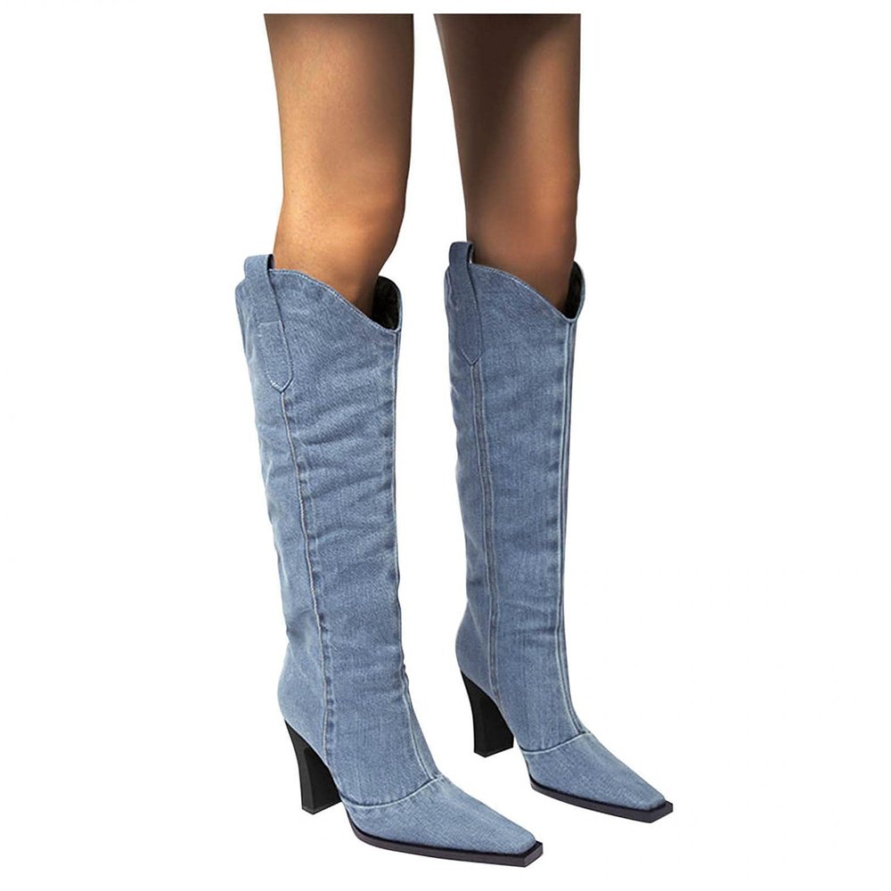 Bcshiye Women Knee High Boots Ladies Chunky Cowgirl Boots Pointed Toe Denim High Heel Anti-Slip Western Dress Shoes