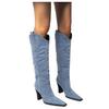 Bcshiye Women Knee High Boots Ladies Chunky Cowgirl Boots Pointed Toe Denim High Heel Anti-Slip Western Dress Shoes view 1