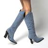 Bcshiye Women Knee High Boots Ladies Chunky Cowgirl Boots Pointed Toe Denim High Heel Anti-Slip Western Dress Shoes view 2