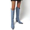 Bcshiye Women Knee High Boots Ladies Chunky Cowgirl Boots Pointed Toe Denim High Heel Anti-Slip Western Dress Shoes view 4