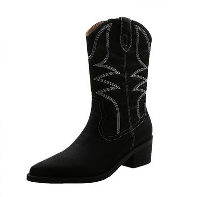 Bcshiye Womens Cowboy Western Boots Winter Pointed Toe Chunky Mid Heel Embroidered Cowgirl Boots Slip-on Mid Calf Boots