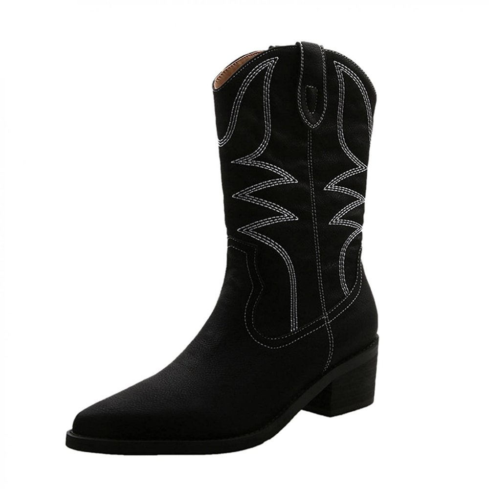 Bcshiye Womens Cowboy Western Boots Winter Pointed Toe Chunky Mid Heel Embroidered Cowgirl Boots Slip-on Mid Calf Boots