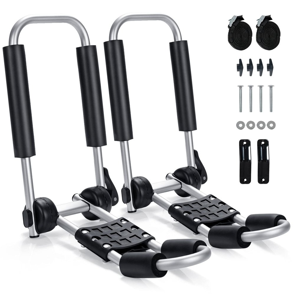 GYMAX 2Pcs J-Bar Kayak Roof Rack, Universal Foldable Kayak Carrier for Kayak, Canoe, Surf Board, Ski Board, Rooftop Mount on SUV, Car and Truck Crossbar (One Side)