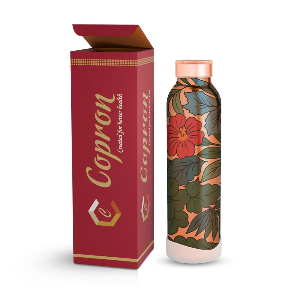 COPRON Copper Water Bottle for Drinking Water, An Ayurvedic Pure Copper Water Bottle Container Vessel 900 ml 30 fl oz, Large Leak Proof Smooth Finish, Wildflower, CZ-99ID-SXEQ