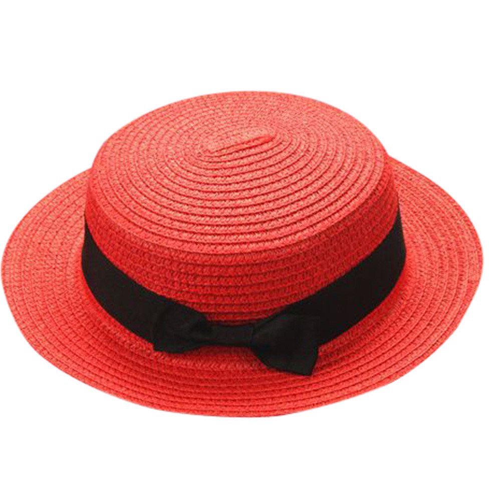 Baby Bowknot Straw Hat Kid Toddler Beach Sun Cap Breathable Sun Straw Hat Beach Sun Visor Hat (Red, one size)