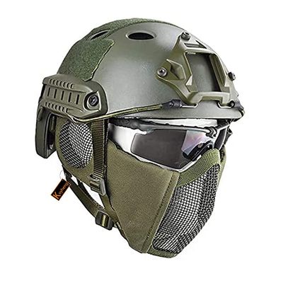 MH Tactical Fast Helmet Combined,with Foldable Ear Protection Half Face Mesh Mask and Goggles for Airsoft Paintball CS Game Set