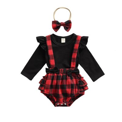 Baby Girl First Christmas Outfit Ruffle Long Sleeve Shirt+bufflo Plaid Suspender Shorts 2Pcs Christmas Clothes (12-18 Months,Black+red Plaid)
