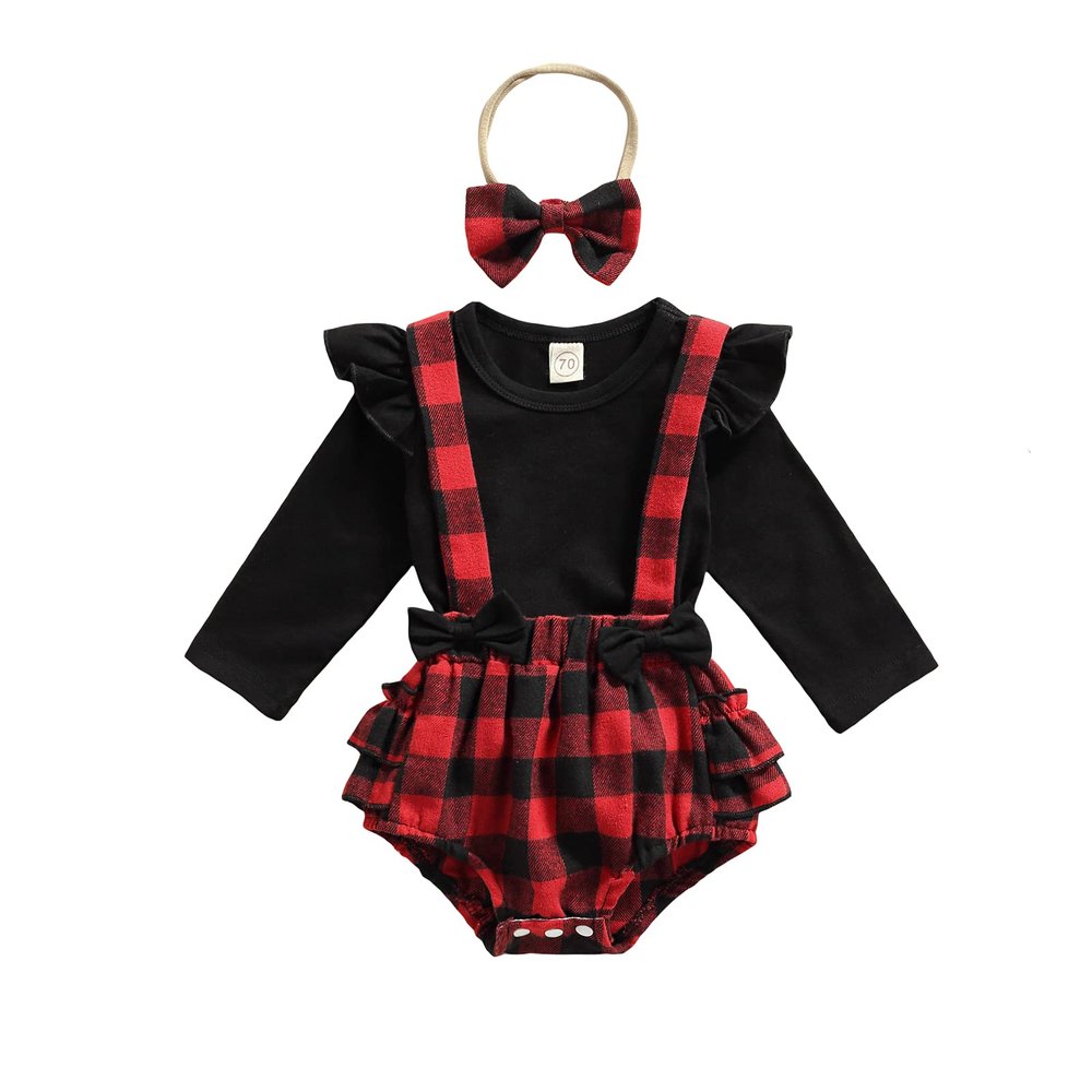 Baby Girl First Christmas Outfit Ruffle Long Sleeve Shirt+bufflo Plaid Suspender Shorts 2Pcs Christmas Clothes (12-18 Months,Black+red Plaid)