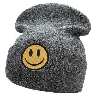 e4Hats.com Smile Face Embroidered Long Beanie - Black Marled OSFM