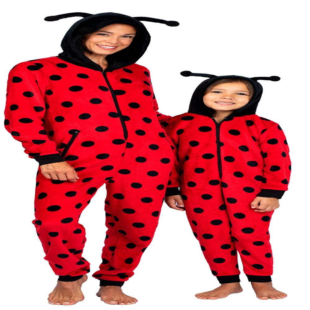 Prestigez Holiday Women, Girl or Toddler Mommy and Me Matching Onesie Pajama Costume, Cheetah, Cat, and Ladybug, Red - Ladybug, Size Small