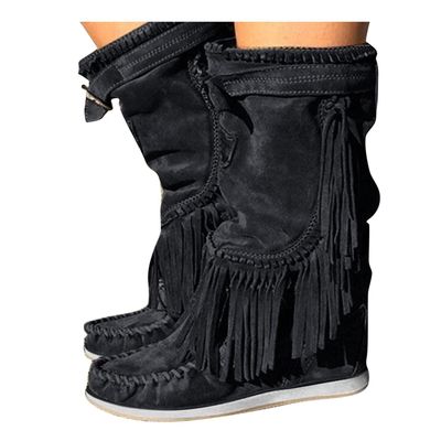 Bcshiye Women's Winter Suede Fringed Ankle Boots Vintage Round Toe Warm Flat Dress Short Booties Mid Calf Riding Boots