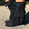 Bcshiye Women's Winter Suede Fringed Ankle Boots Vintage Round Toe Warm Flat Dress Short Booties Mid Calf Riding Boots view 2