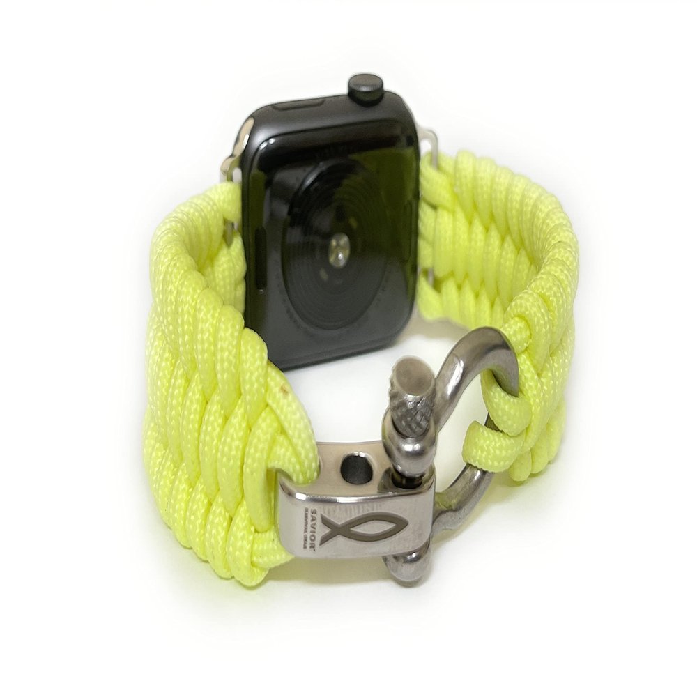 Savior Survival Gear Apple Watch Band 38mm Replacement Survival Paracord Watch Band with Stainless Steel Adjustable Shackle (550 Paracord, Large) (Glow in the Dark Yellow)