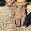 Bcshiye Women's Winter Suede Fringed Ankle Boots Vintage Round Toe Warm Flat Dress Short Booties Mid Calf Riding Boots view 2