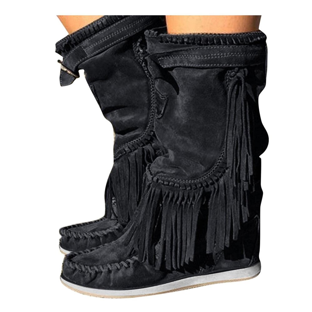 Bcshiye Women's Winter Suede Fringed Ankle Boots Vintage Round Toe Warm Flat Dress Short Booties Mid Calf Riding Boots