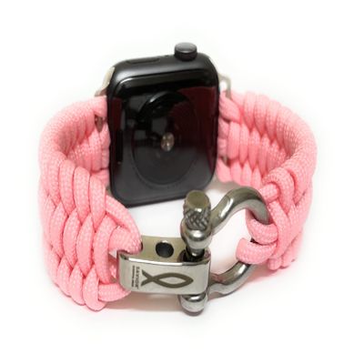 Savior Survival Gear Paracord Watch Band Compatible with Apple Watch 38mm and 40mm Apple Watch - Paracord Watch Band with Stainless Steel Adjustable Shackle (550 Paracord, Large) (Pink)