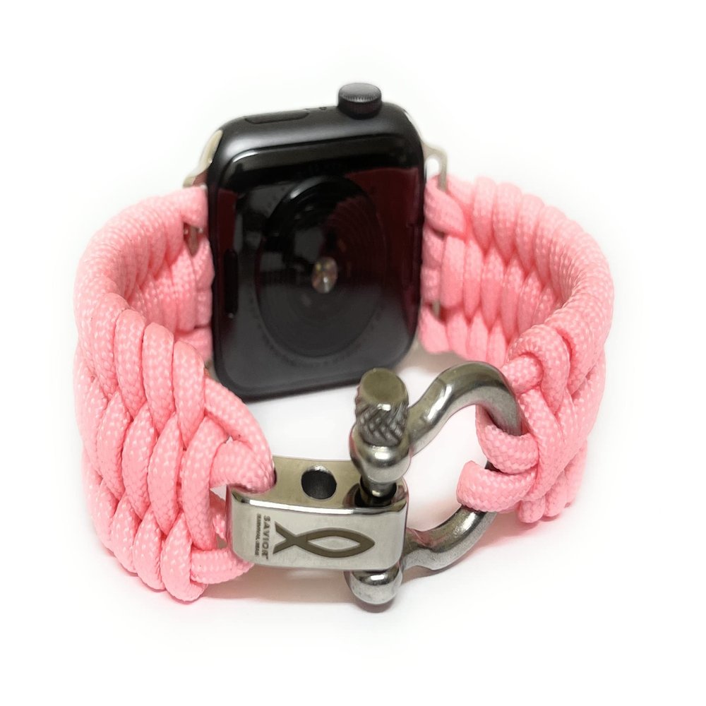 Savior Survival Gear Paracord Watch Band Compatible with Apple Watch 38mm and 40mm Apple Watch - Paracord Watch Band with Stainless Steel Adjustable Shackle (550 Paracord, Large) (Pink)
