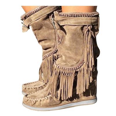 Bcshiye Women's Winter Suede Fringed Ankle Boots Vintage Round Toe Warm Flat Dress Short Booties Mid Calf Riding Boots