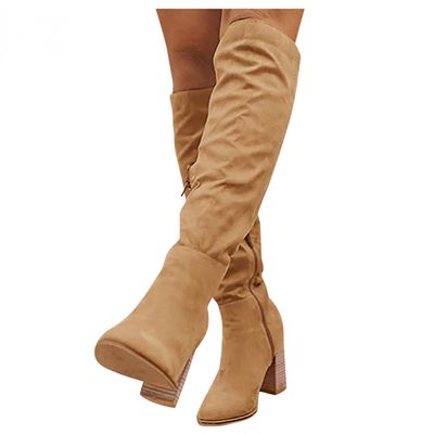 Bcshiye Women's Thigh High Block Heel Over The Knee Boots Wide Calf Chunky Heel Over Knee High Boots Winter Long Booties