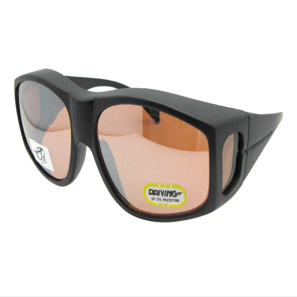 Large Wrap Around Non-Polarized Fit Over Sunglasses for Men and Women with UV Protection Style F18 (Flat Black Non Polarized Amber Lens)