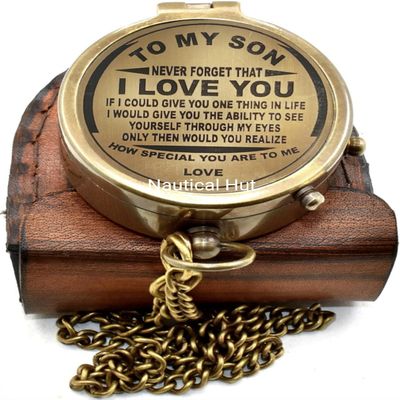 to My Son Brass Engraved Compass  Vintage Pocket Compass with Leather Case, Solid Antique Brass Navigation Compass, Personalized Engraved Gift from Mom to Son for Graduation, Birthday, Christmas