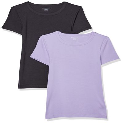 Amazon Essentials Women's 2-Pack Slim-Fit Short-Sleeve Crewneck T-Shirt Shirt, -Black/Lavender, X-Small