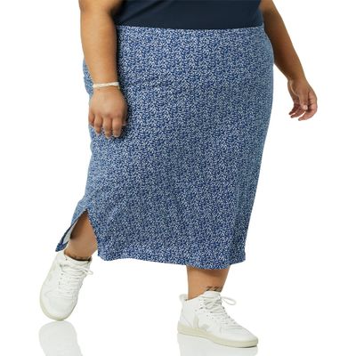 Amazon Essentials Women's Pull-On Knit Midi Skirt with Elastic Waist, Stretchy (Available in Plus Size), Navy Dots Print, 3X