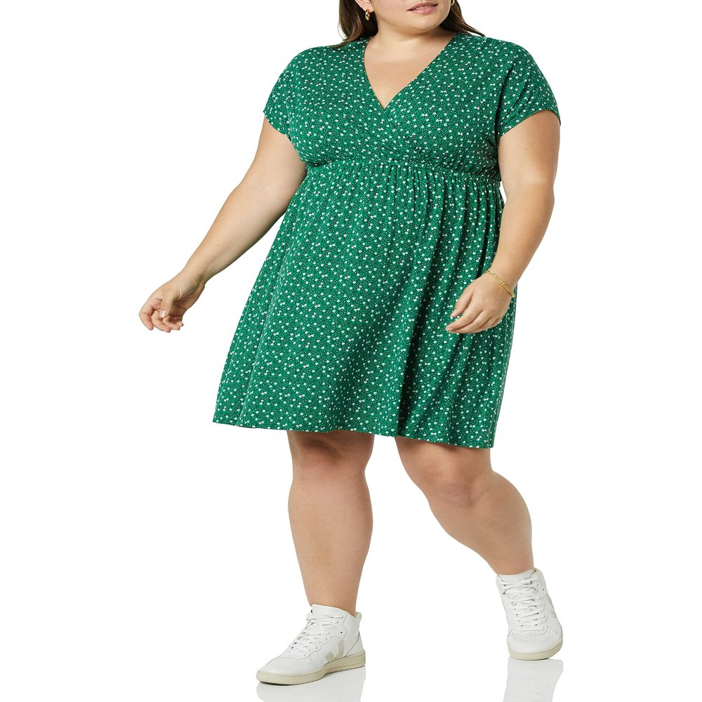 Amazon Essentials Women's Surplice Dress (Available in Plus Size), Green Floral, Large